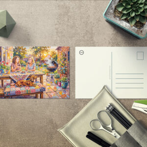 raxxa Postkarte: Dachshund Resting Beside Outdoor Evening Garden Table