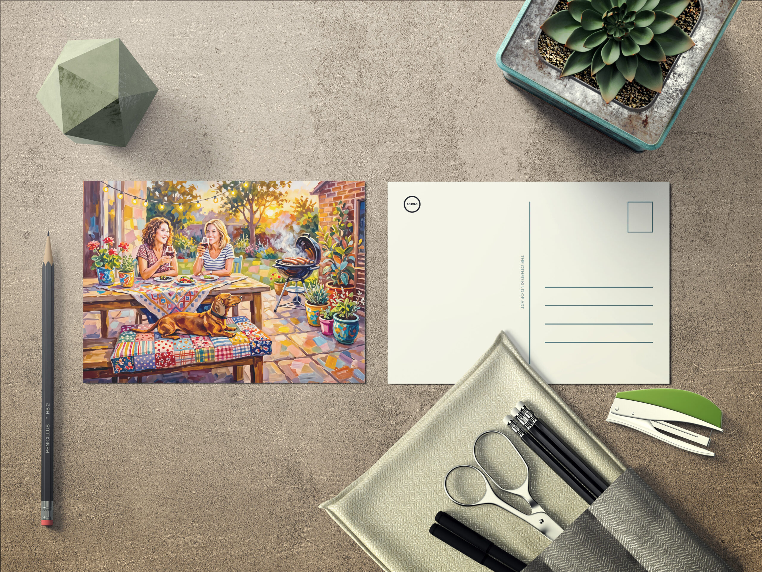raxxa Postkarte: Dachshund Resting Beside Outdoor Evening Garden Table