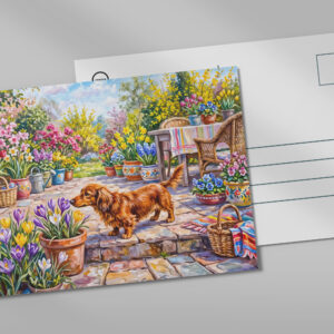 raxxa Postkarte: Dachshund Walking Through Colorful Blooming Spring Garden