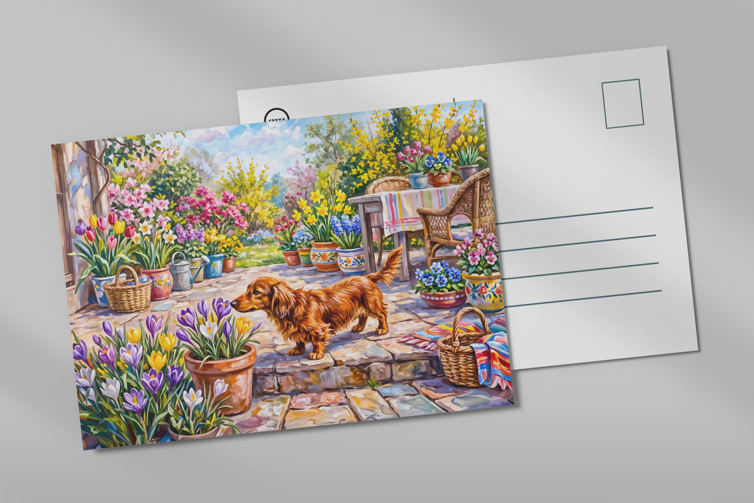 raxxa Postkarte: Dachshund Walking Through Colorful Blooming Spring Garden
