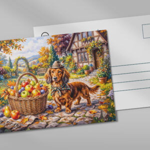 raxxa Postkarte: Dachshund Sitting Beside Apples Pumpkins Autumn Garden