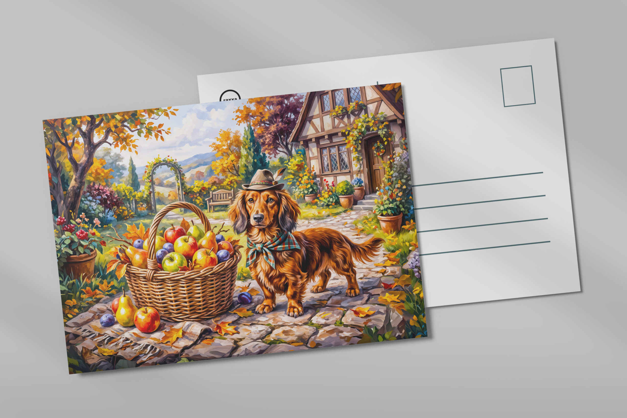raxxa Postkarte: Dachshund Sitting Beside Apples Pumpkins Autumn Garden