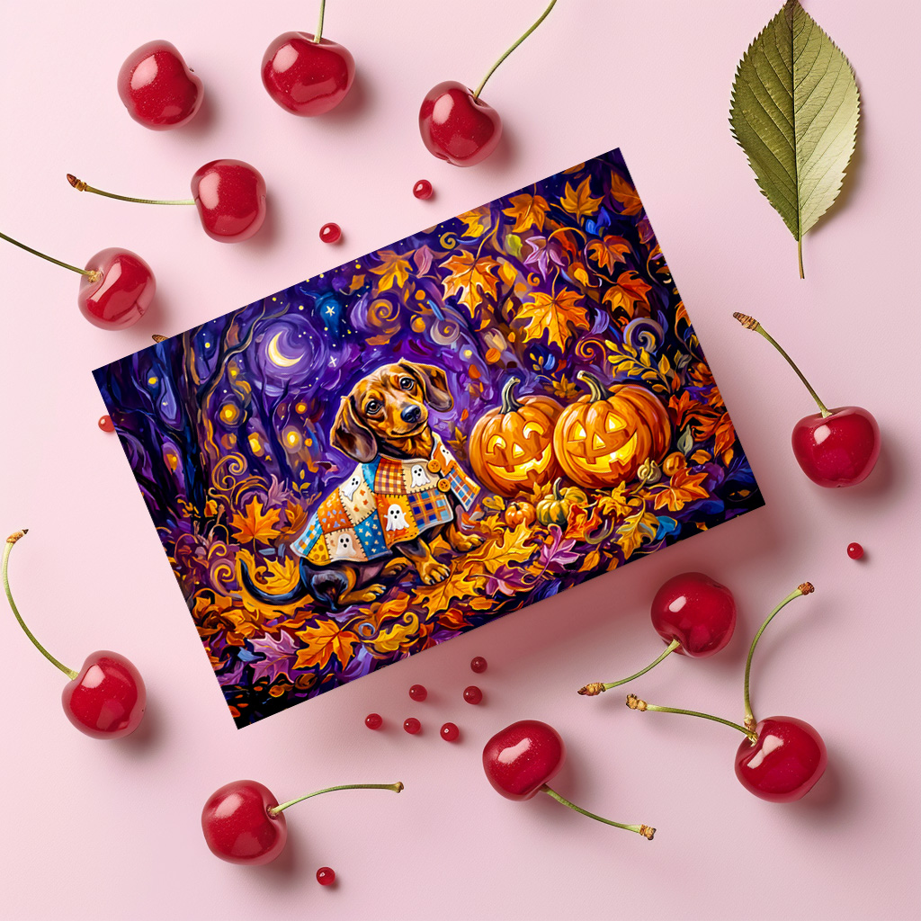 raxxa Postkarte: Dachshund Sitting Among Pumpkins Under Autumn Night Sky