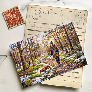 raxxa Postkarte: Dachshund Walking Along Sunlit Snowy Forest Path