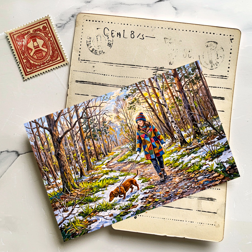 raxxa Postkarte: Dachshund Walking Along Sunlit Snowy Forest Path