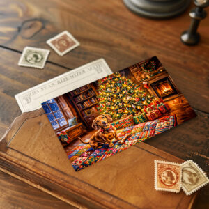 raxxa Postkarte: Dachshund Resting Beside Cozy Christmas Tree Fireplace