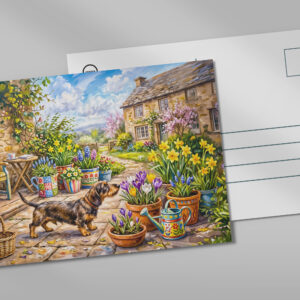 raxxa Postkarte: Dachshund Walking Through Colorful Flower Patio Garden