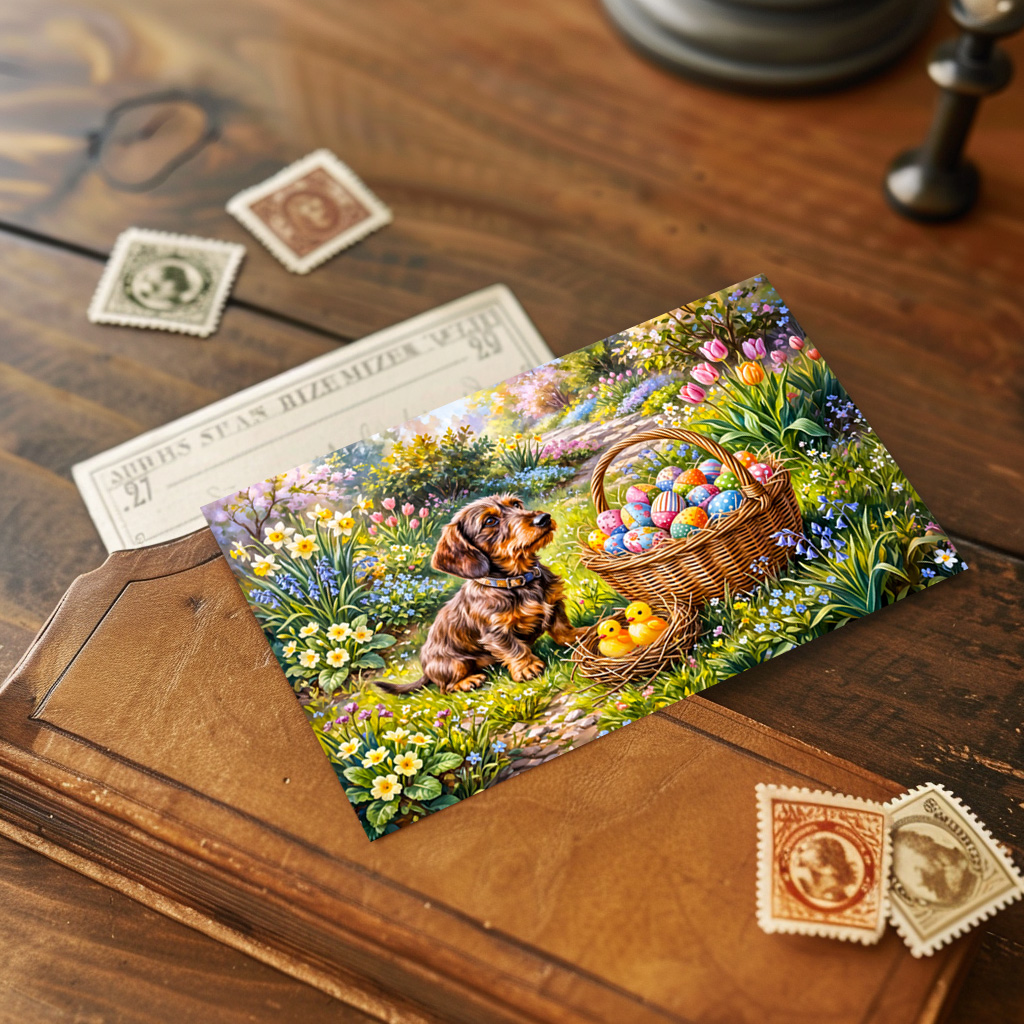 raxxa Postkarte: Dachshund Sitting with Easter Basket in Garden