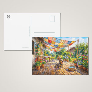 raxxa Postkarte: Dachshund Sitting Under Colorful Patchwork Garden Canopy