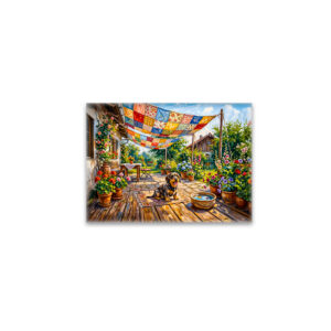raxxa Glas-Magnet: Dachshund Sitting Under Colorful Patchwork Garden Canopy