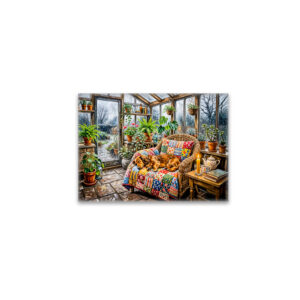 raxxa Glas-Magnet: Dachshund Resting on Patchwork Chair Inside Greenhouse