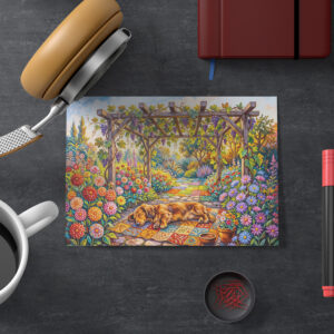 raxxa Postkarte: Dachshund Resting Under Floral Garden Pergola Path