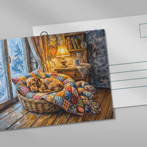 raxxa Postkarte: Dachshund Resting in Cozy Winter Window Basket