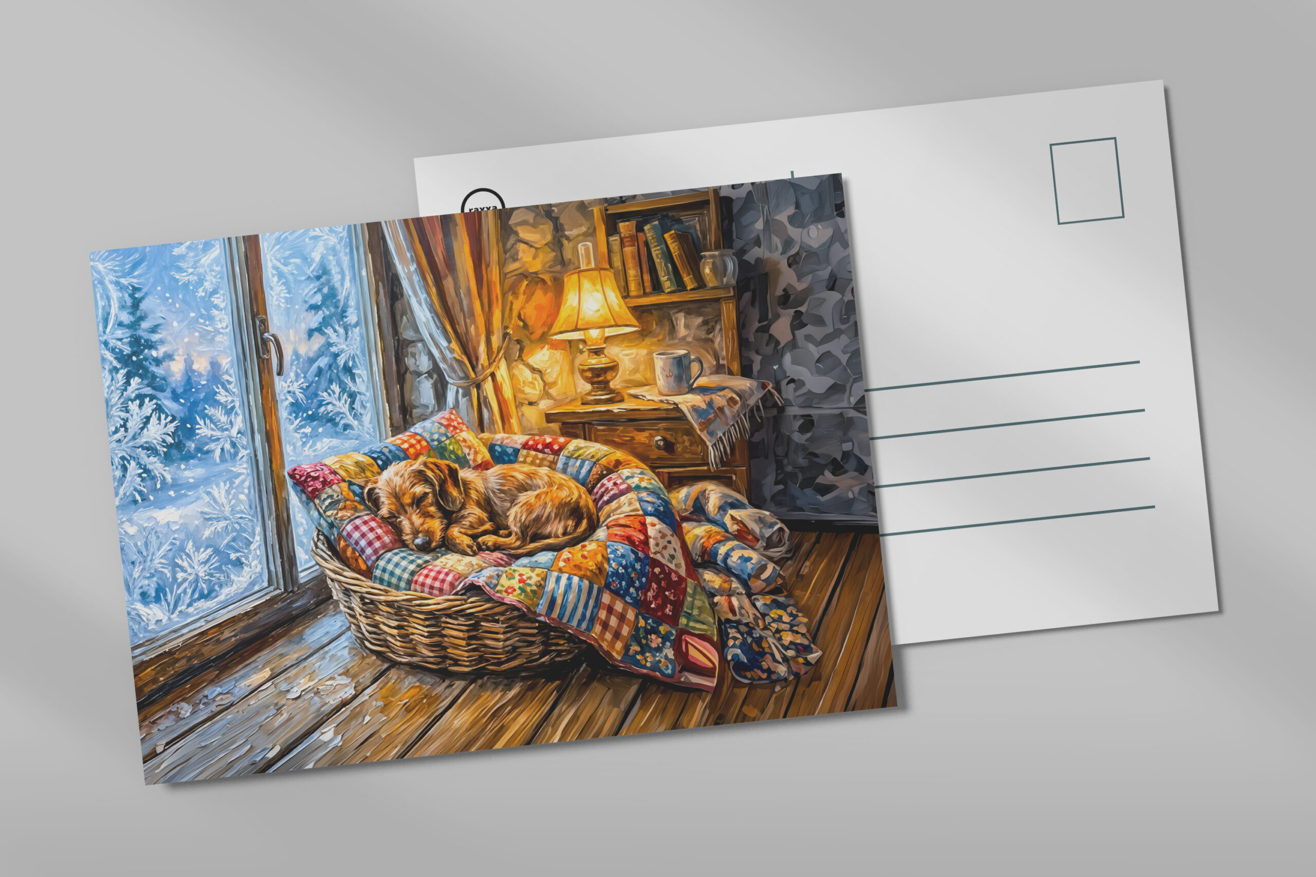 raxxa Postkarte: Dachshund Resting in Cozy Winter Window Basket