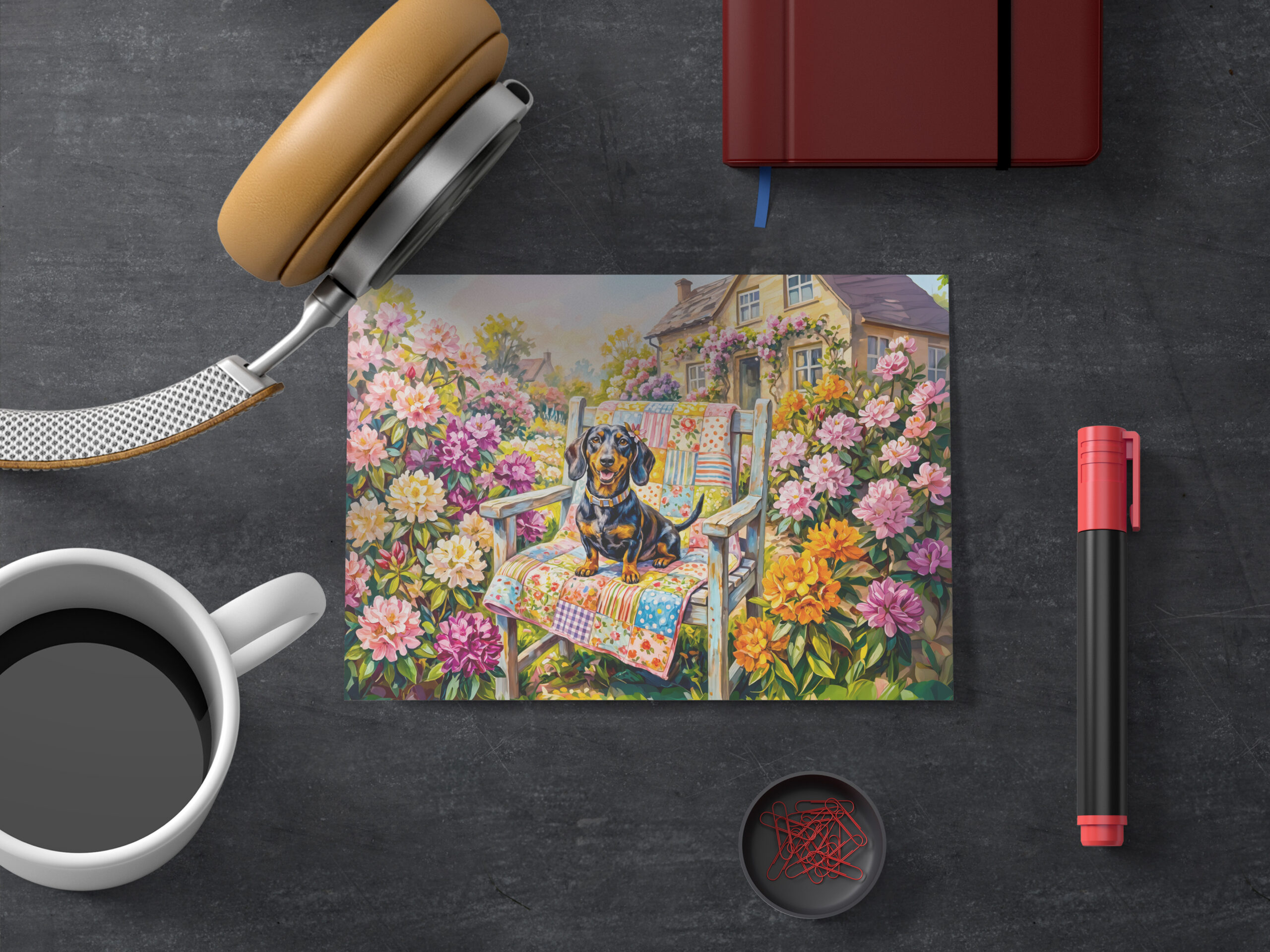 raxxa Postkarte: Dachshund Sitting on Floral Garden Bench Scene