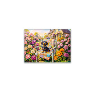 raxxa Glas-Magnet: Dachshund Sitting on Floral Garden Bench Scene