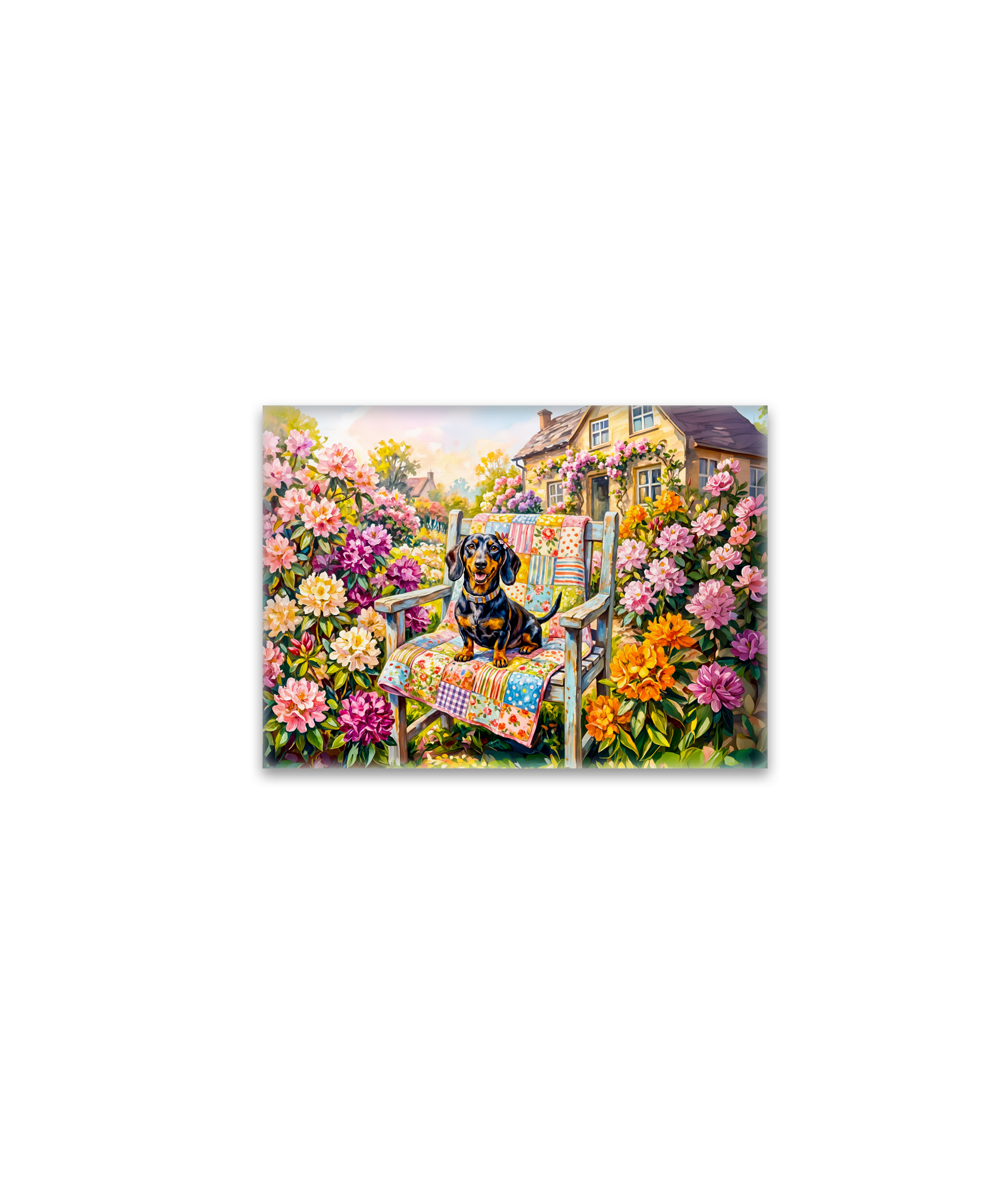 raxxa Glas-Magnet: Dachshund Sitting on Floral Garden Bench Scene