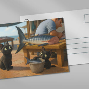raxxa Postkarte: DAS wäre ein gutes Abendessen. Katze mit Nachwuchs auf dem Fischmarkt