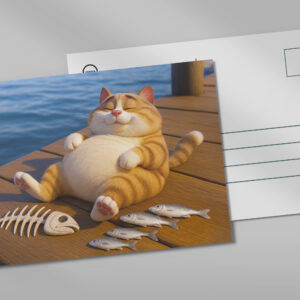 raxxa Postkarte: Endlich satt - dicker Kater mit Fisch