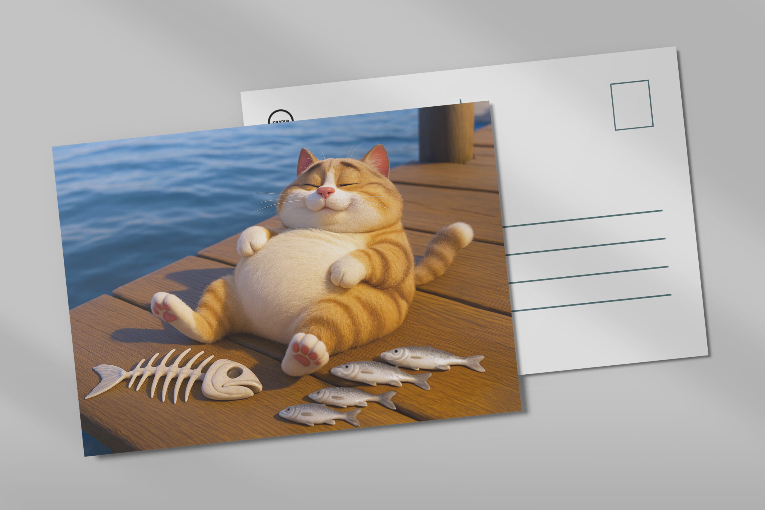 raxxa Postkarte: Endlich satt - dicker Kater mit Fisch