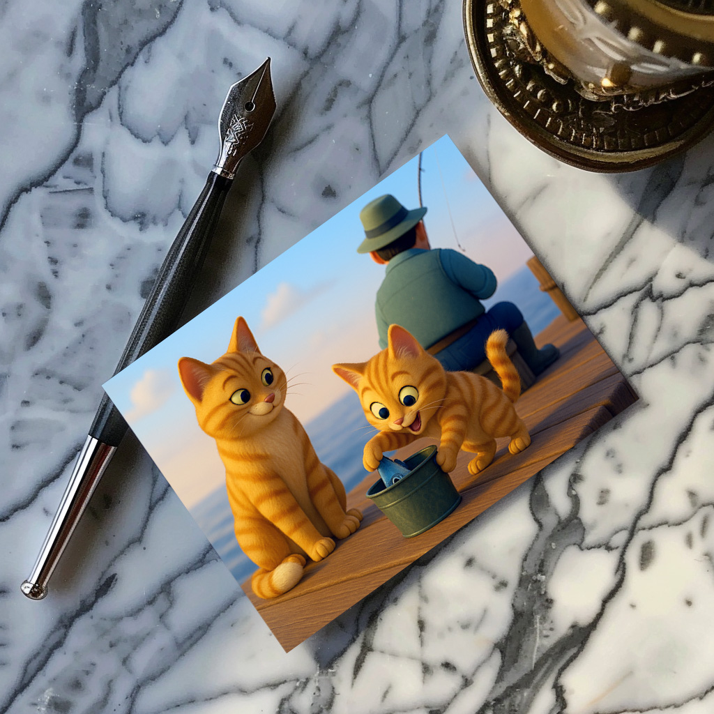 raxxa Postkarte: Und so klaut man erfolgreich Fisch. Katzenmutter unterrichtet ihren Nachwuchs