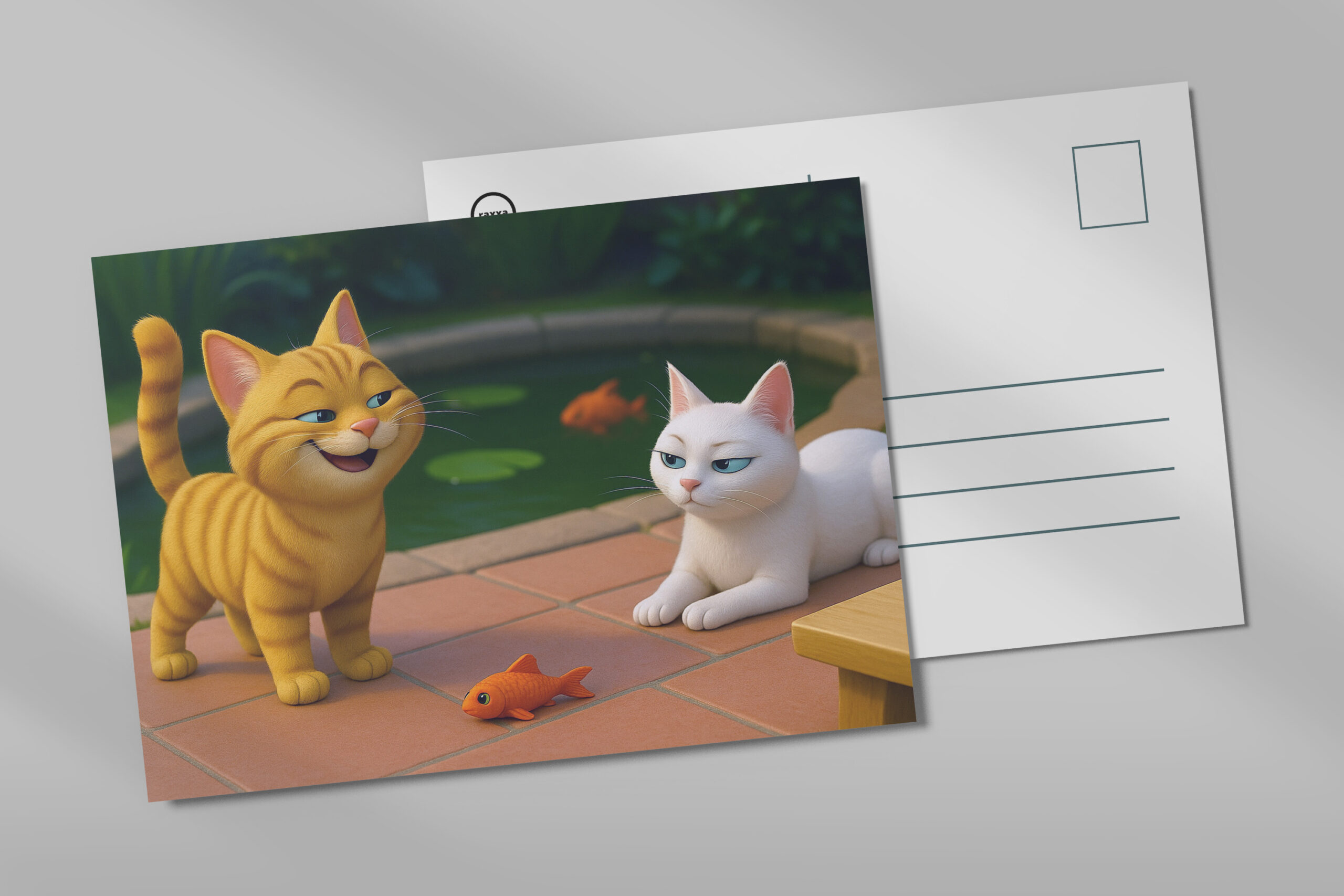 raxxa Postkarte: Ein Kater bringt seiner Auserwählten ein Geschenk. Sie ist nicht amüsiert