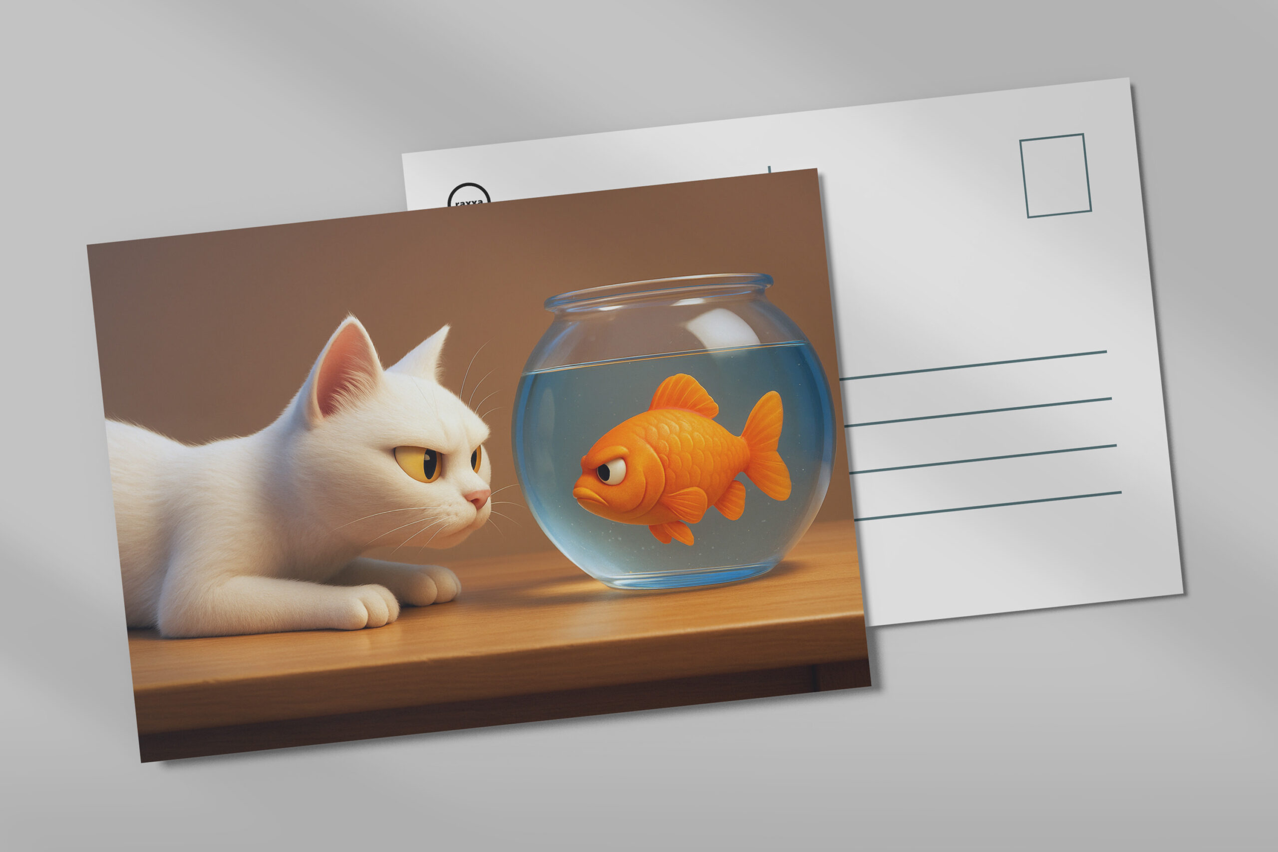 raxxa Postkarte: Sie werden keine Freunde - Katze und Fisch im Aquarium