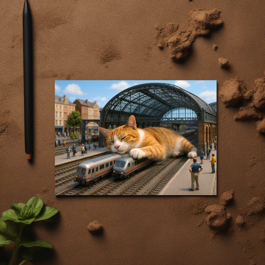 raxxa Postkarte: Heute Verspätung. Katze schläft auf der Eisenbahn