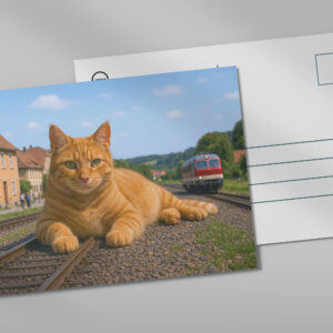 raxxa Postkarte: Der Zug fährt erst, wenn ich das will - Roter Kater auf den Gleisen
