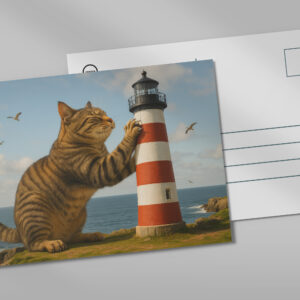 raxxa Postkarte: Mein Lieblingskratzbaum - Katze mit Leuchtturm