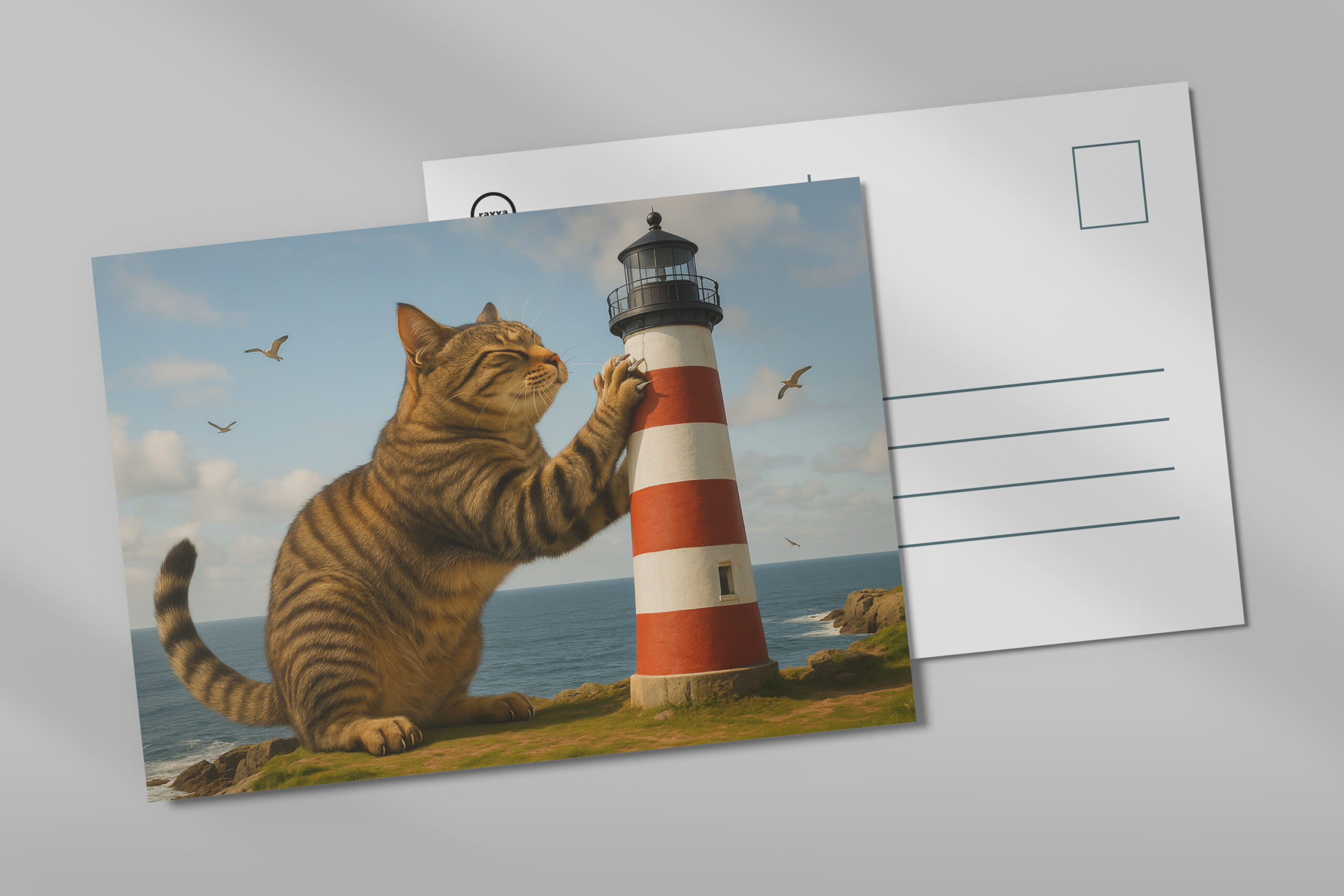 raxxa Postkarte: Mein Lieblingskratzbaum - Katze mit Leuchtturm