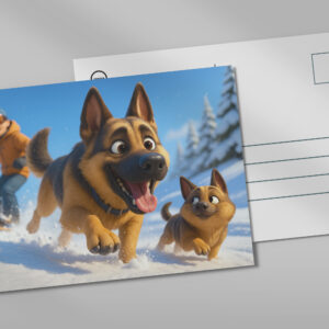 raxxa Postkarte: Schäferhund und Welpe im Schnee mit Herrchen