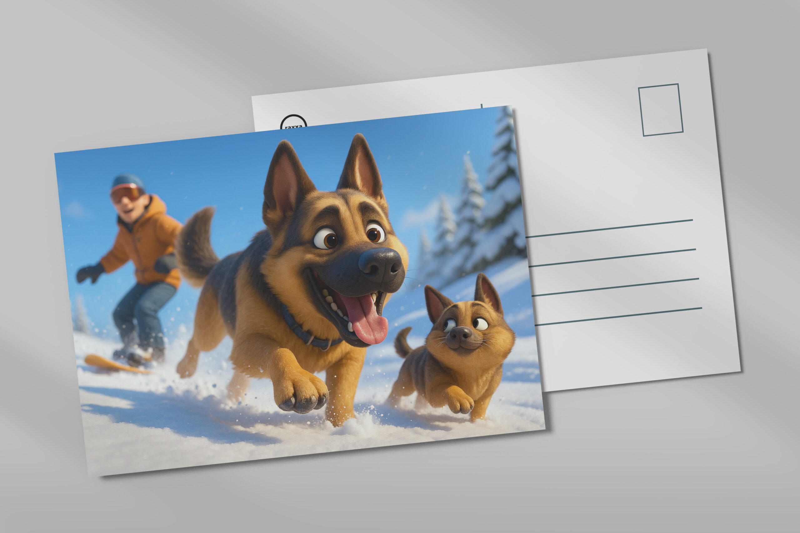 raxxa Postkarte: Schäferhund und Welpe im Schnee mit Herrchen