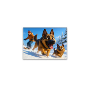 raxxa Glas-Magnet: Schäferhund und Welpe im Schnee mit Herrchen