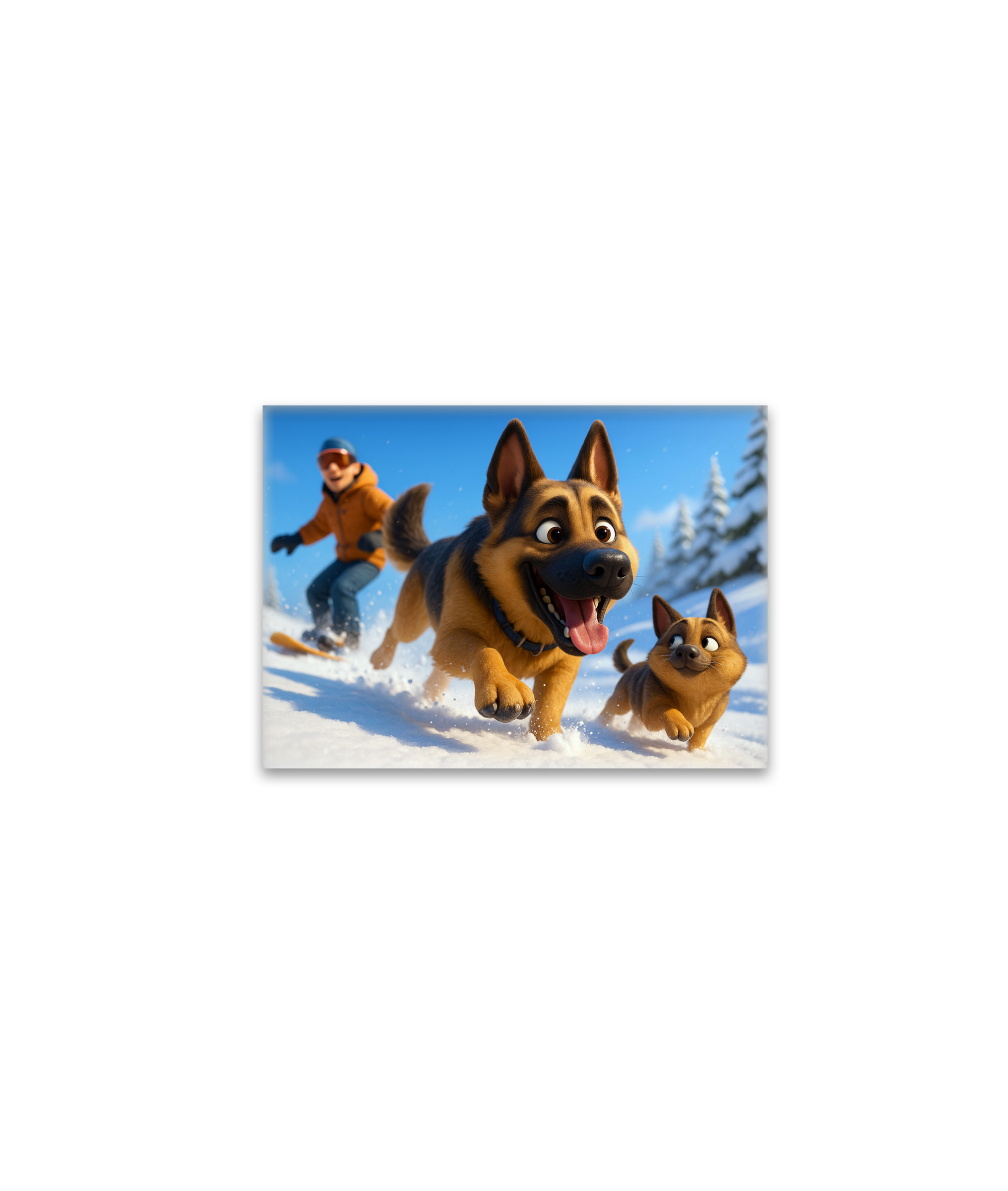 raxxa Glas-Magnet: Schäferhund und Welpe im Schnee mit Herrchen