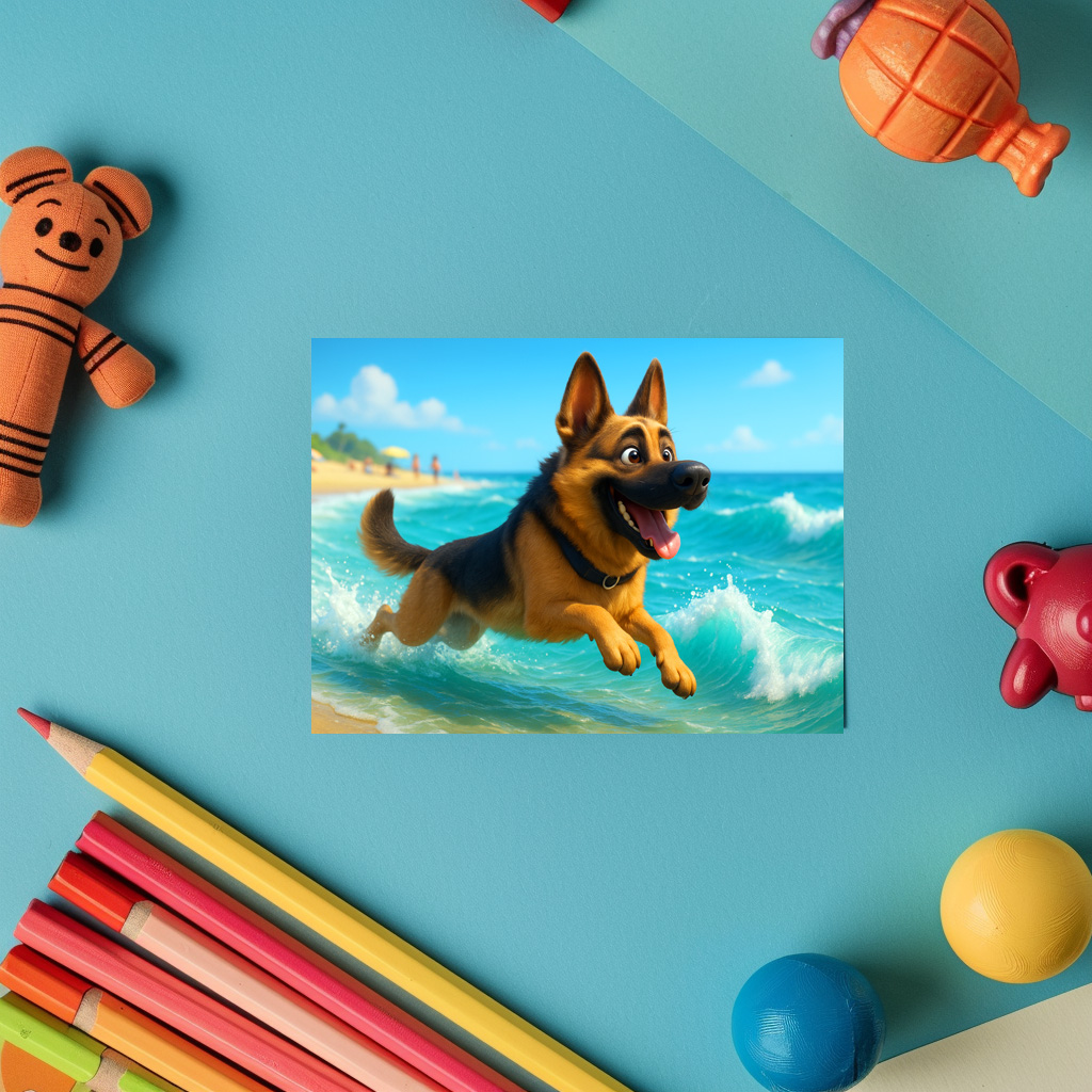 raxxa Postkarte: Schäferhund spielt am Strand