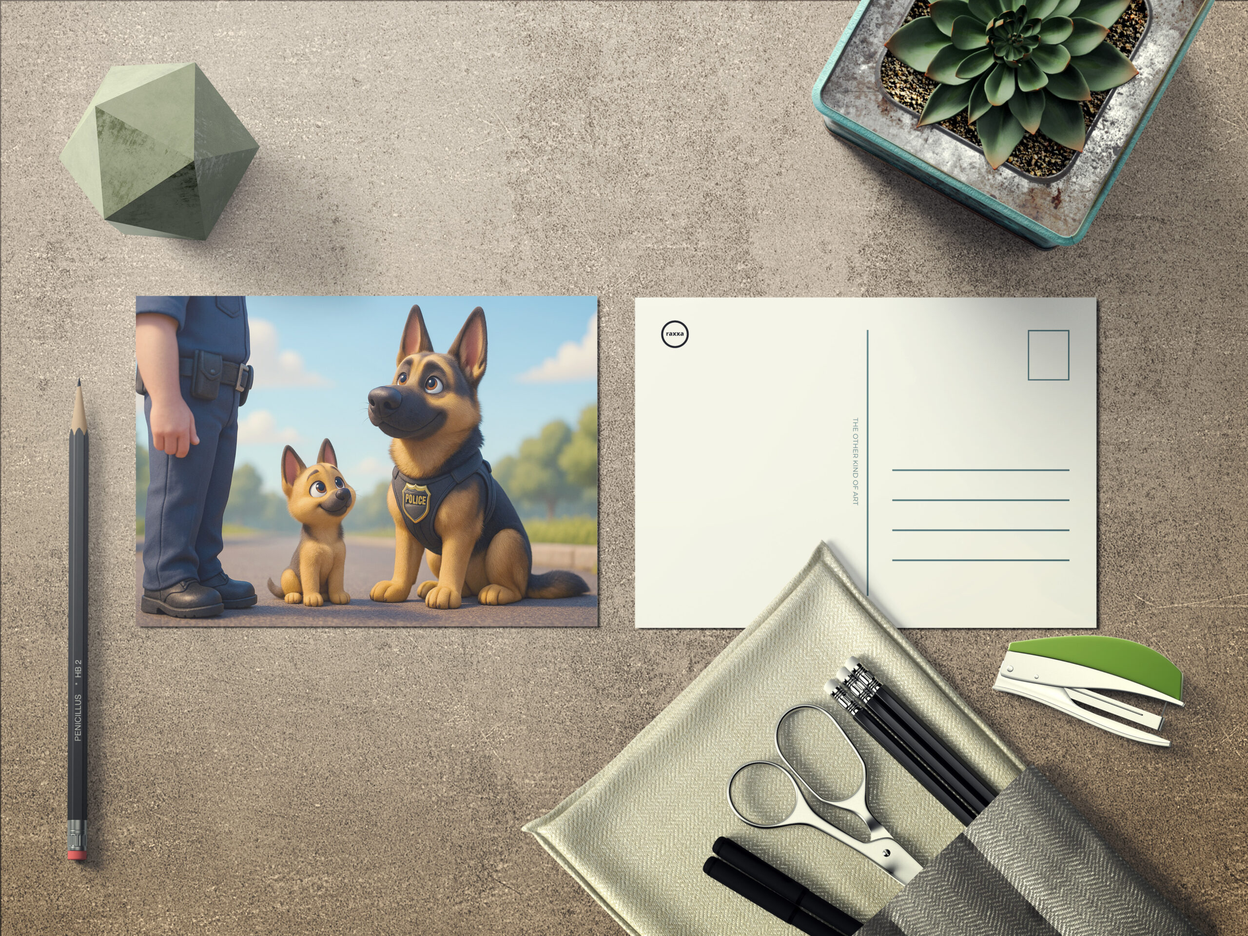 raxxa Postkarte: Schäferhund und Welpe beim Polizeidienst