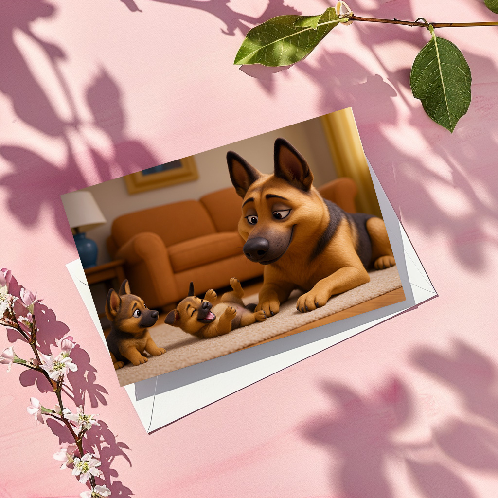 raxxa Postkarte: Schäferhund mit seinen Welpen in der Wohnung