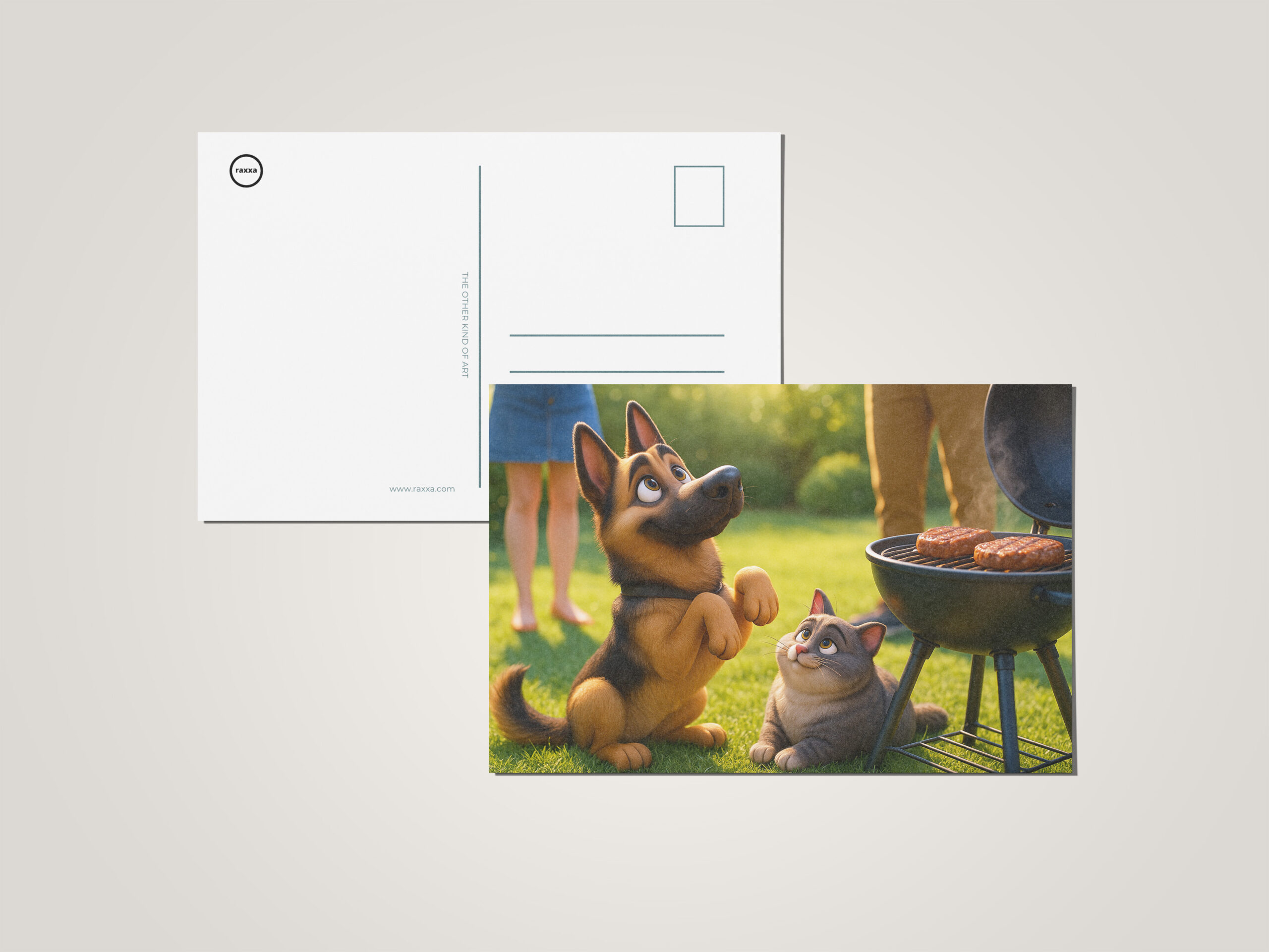 raxxa Postkarte: Zwei Freunde beim grillen - Schäferhund und Kater