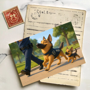 raxxa Postkarte: Stolzer Schäferhund und Welpe beim Polizeidienst