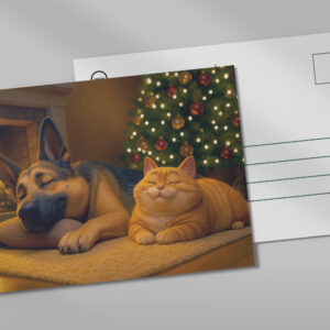 raxxa Postkarte: Schäferhund und Kater genießen die Feiertage am Kamin