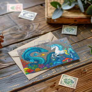raxxa Postkarte: Wasserdrache und Seepferdchen-Einhorn - mystische Wesen