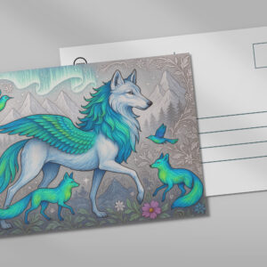 raxxa Postkarte: Fenrir-Wolf und Nordlichter-Füchse - mystische Wesen