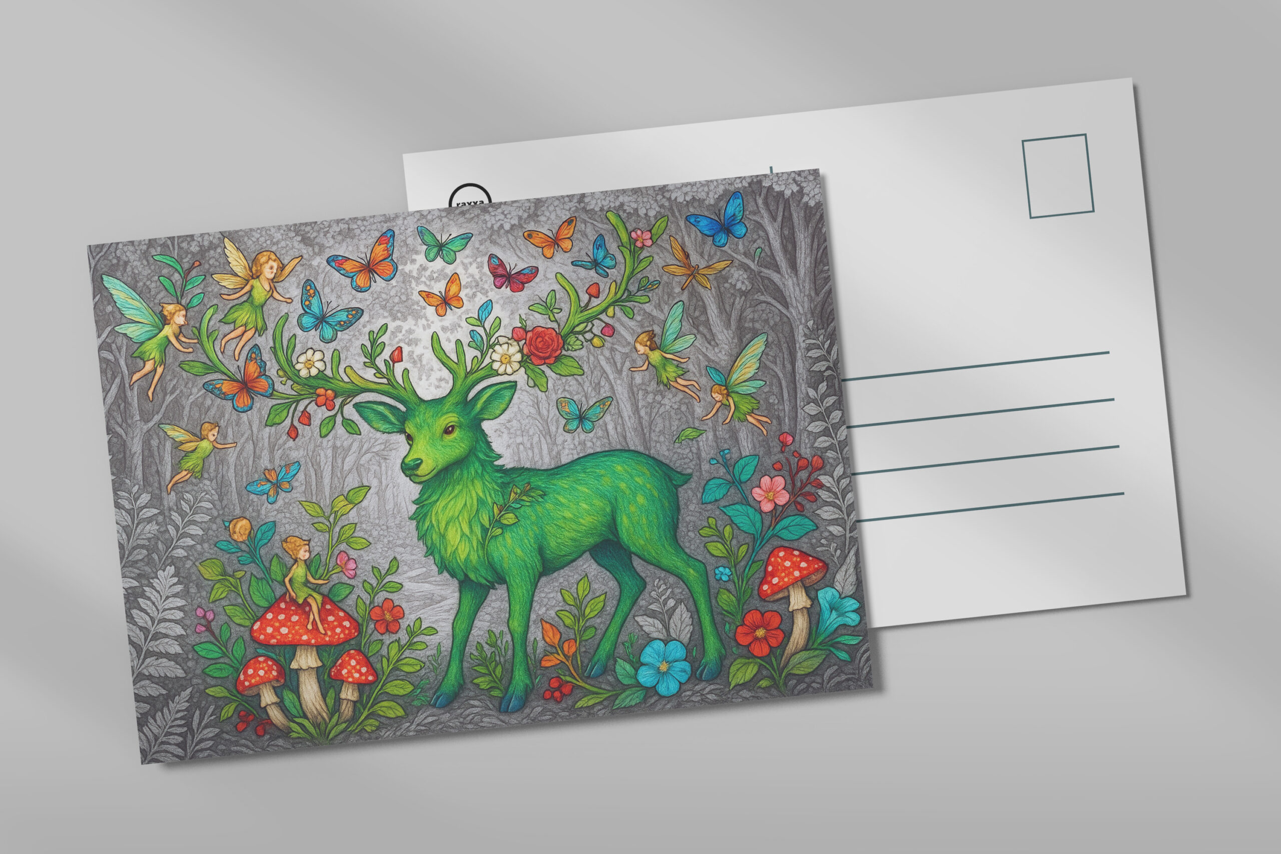 raxxa Postkarte: Waldgeist und Elfenhirsche - mystische Wesen