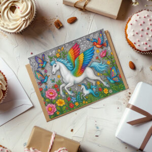 raxxa Postkarte: Regenbogenpegasus und Kristallvögel - mystische Wesen