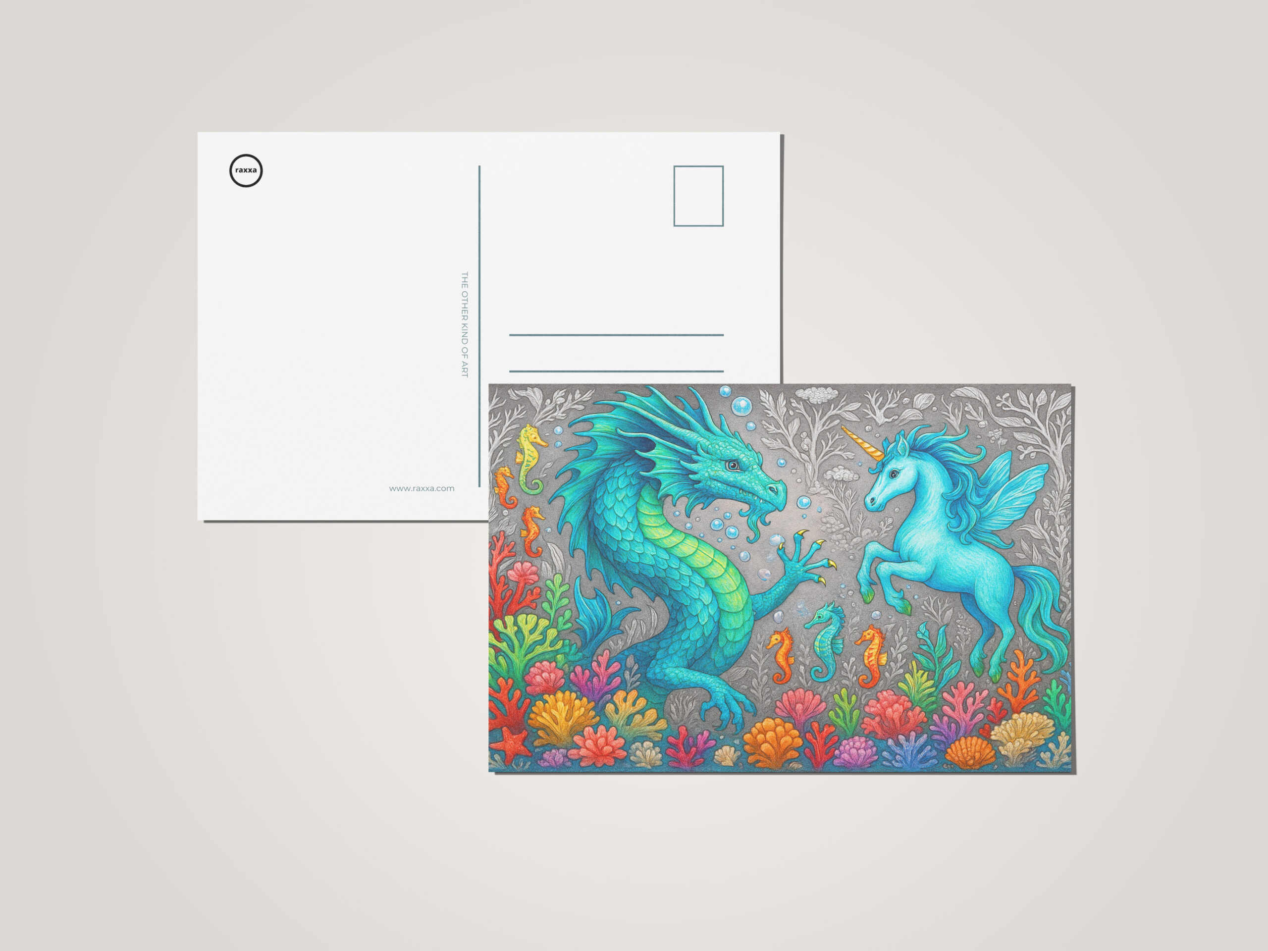 raxxa Postkarte: Wasserdrache und Seepferdchen-Einhorn - Wesen der Mystik