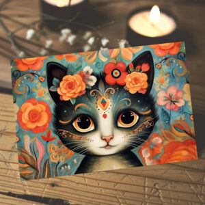 raxxa Postkarte: Fröhliche Katzenkunst Im Stil von Frieda Kahlo