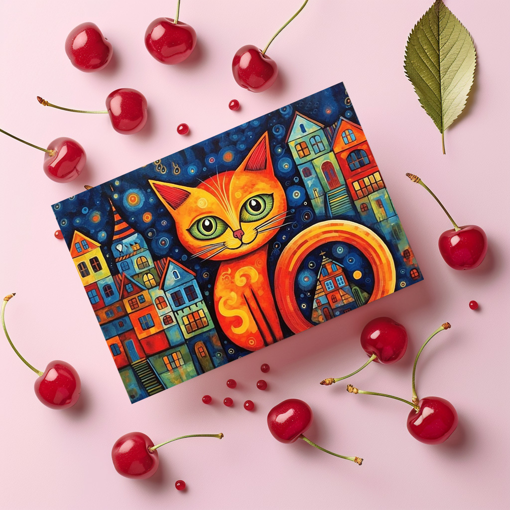 raxxa Postkarte: Fröhliche Katzenkunst Im Stil von Friedensreich Hundertwasser