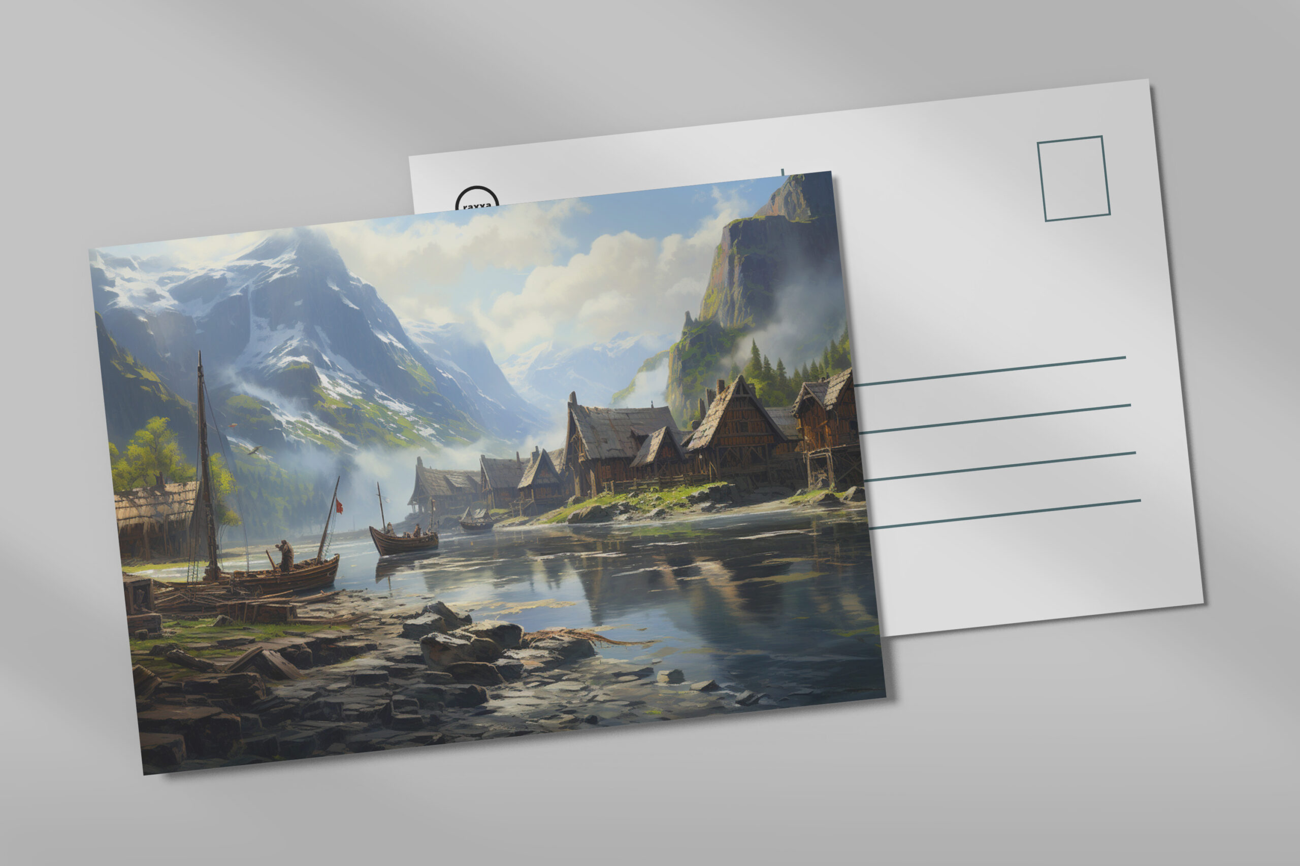 raxxa Postkarte: Wikingerdorf mit Booten am Fluss