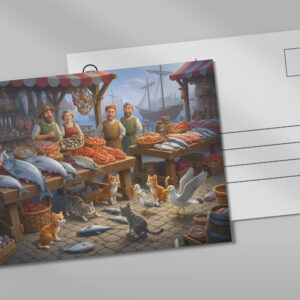 raxxa Postkarte: Fischmarkt im Mittelalter - Katzen und Möwen warten schon